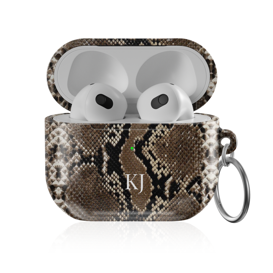 Personalized AirPods Pro case with snake skin print pattern and custom initials, glossy protective AirPods charging case cover with keyring