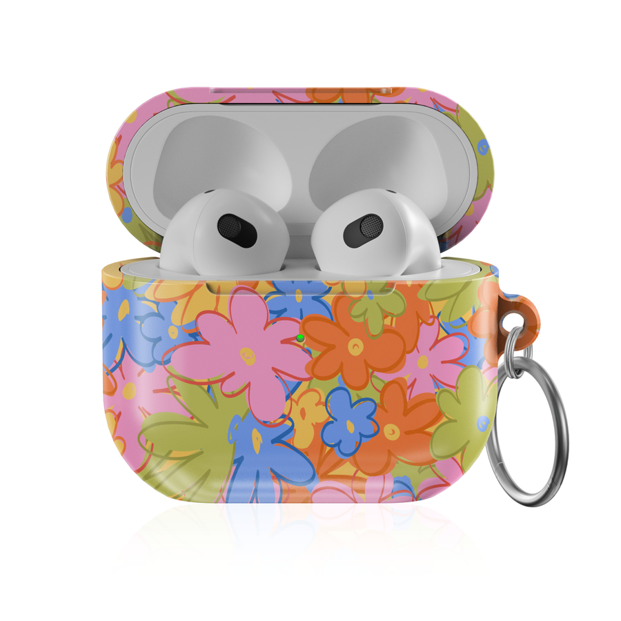Retro colorful floral AirPods case with groovy flower pattern protective AirPods cover with keychain compatible with AirPods Pro AirPods 3 and AirPods 4 cute aesthetic design.