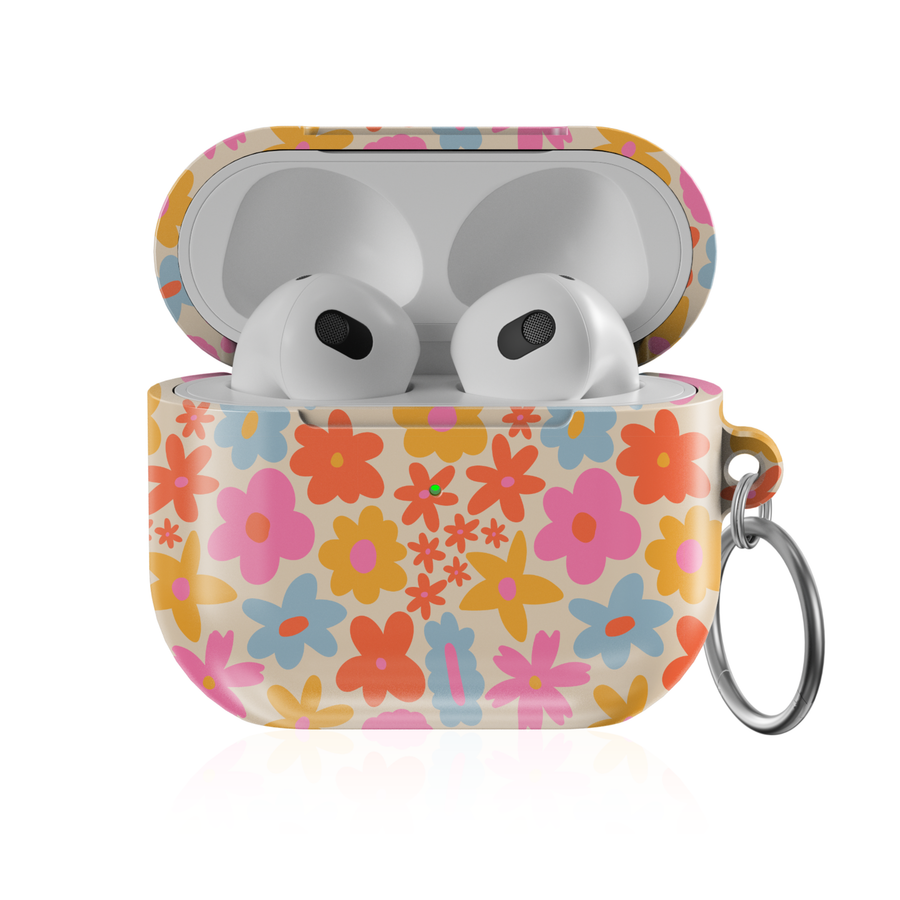 Retro colorful floral AirPods case with groovy flower pattern protective AirPods cover with keychain compatible with AirPods Pro AirPods 3 and AirPods 4 cute aesthetic design.