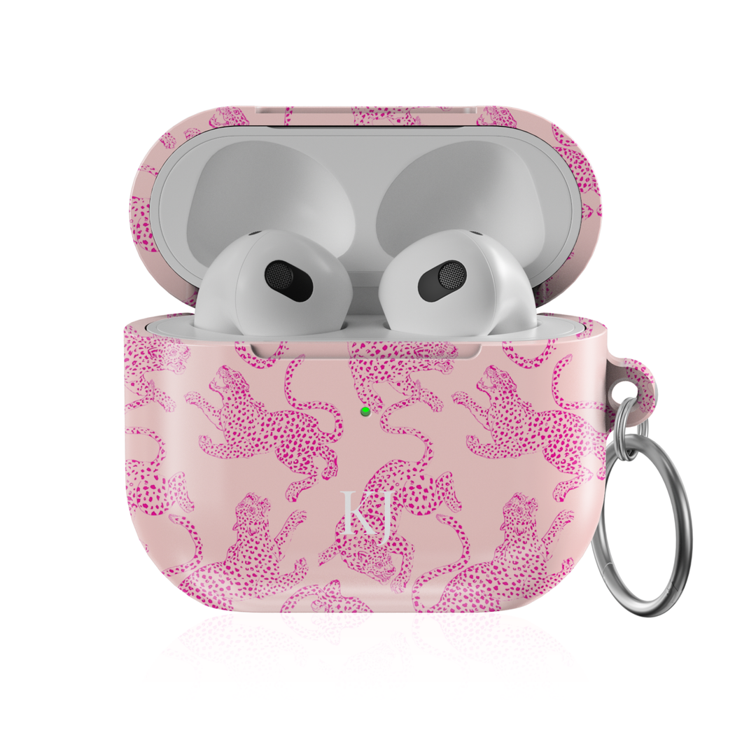 Personalized AirPods Pro case with pink leopard print pattern and custom initials, glossy protective AirPods charging case cover with keyring