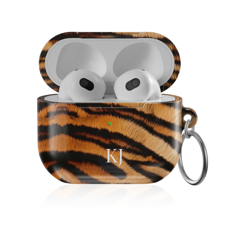 Personalized AirPods Pro case with tiger stripe animal print and custom initials, glossy protective AirPods charging case cover with keyring