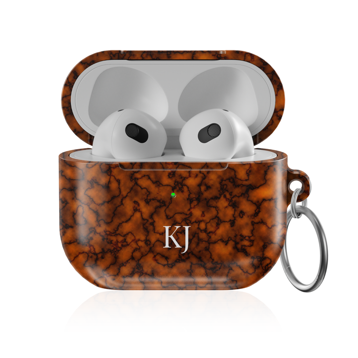 Personalized AirPods Pro case with brown marble pattern and custom initials, glossy protective AirPods charging case cover with keyring