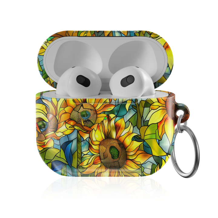 Stained glass sunflower AirPods Pro case with yellow floral mosaic design, glossy protective AirPods charging case cover with keyring