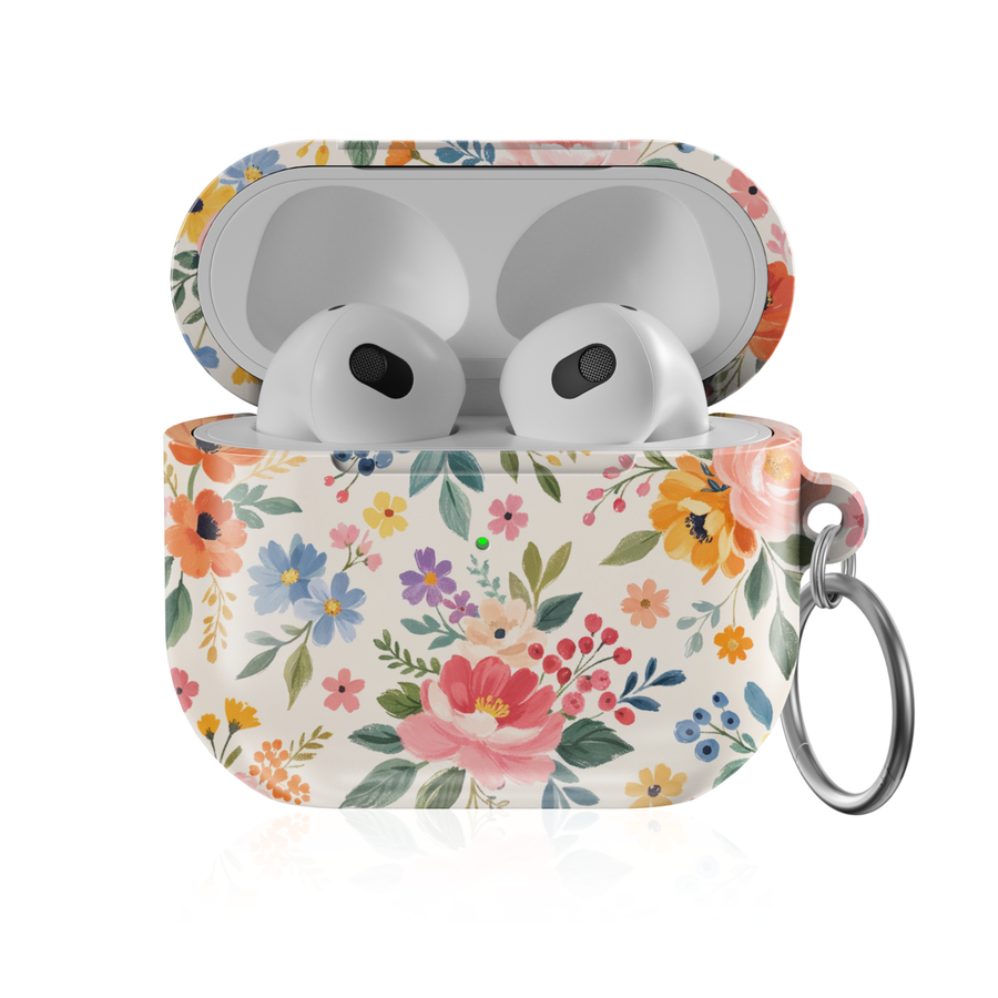 Colorful floral AirPods case with spring flower bouquet pattern protective AirPods cover with keychain compatible with AirPods Pro AirPods 3 and AirPods 4.
