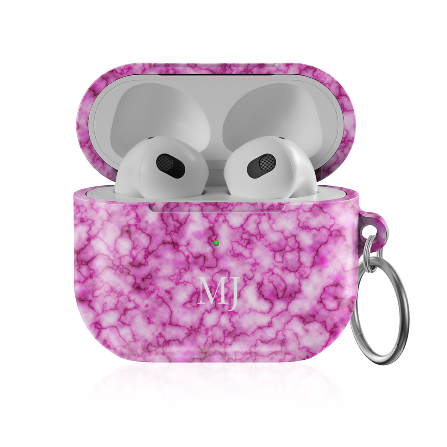 Personalized AirPods Pro case with soft pink marble pattern and custom initials, glossy protective AirPods charging case cover with keyring