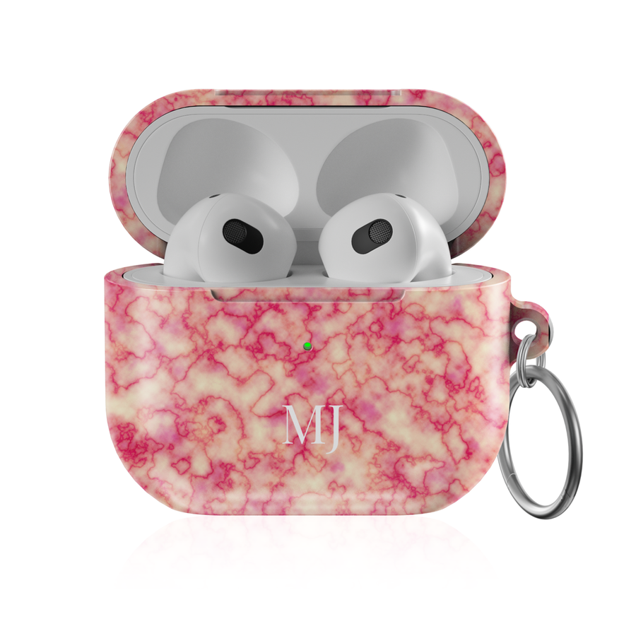 Personalized AirPods Pro case with blush marble pattern and custom initials, glossy protective AirPods charging case cover with keyring