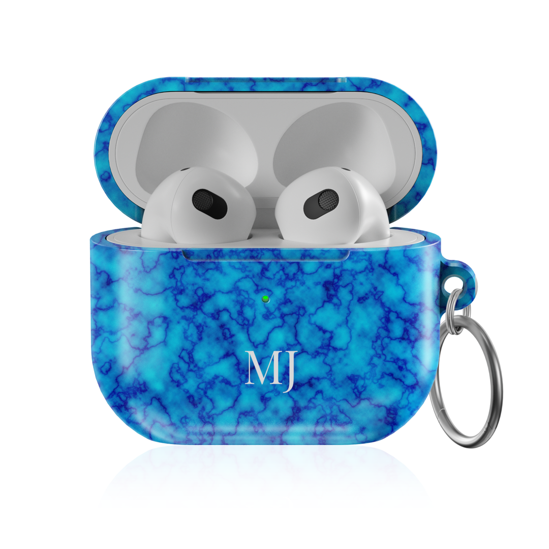Personalized AirPods Pro case with blue marble pattern and custom initials, glossy protective AirPods charging case cover with keyring