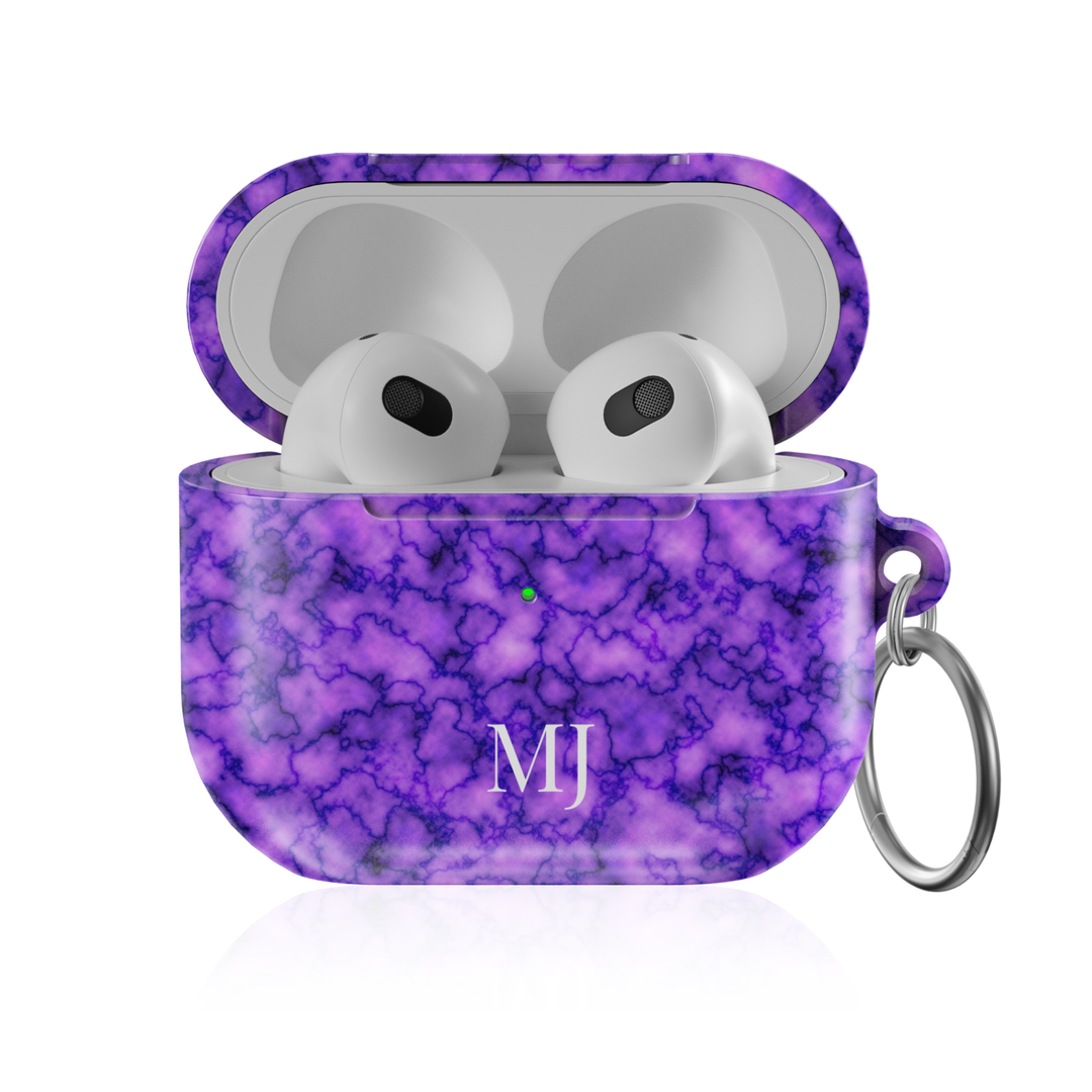 Personalized AirPods Pro case with purple marble pattern and custom initials, glossy protective AirPods charging case cover with keyring