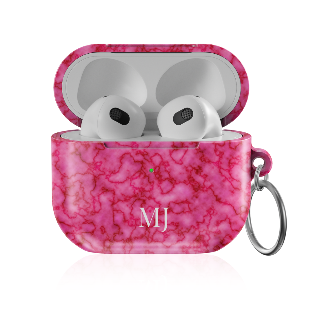 Personalized AirPods Pro case with pink marble pattern and custom initials, glossy protective AirPods charging case cover with keyring