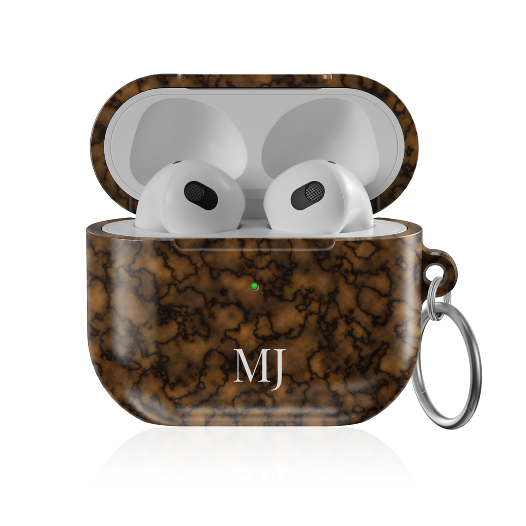 Personalized AirPods Pro case with dark brown marble pattern and custom initials, glossy protective AirPods charging case cover with keyring