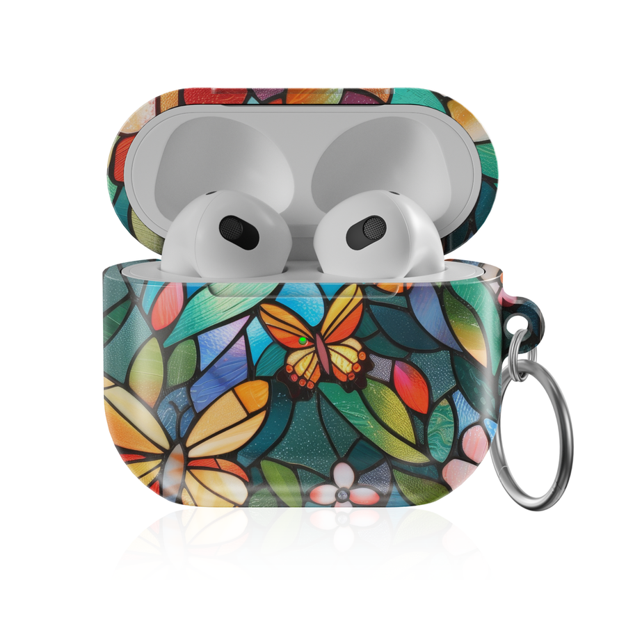 Stained glass butterfly AirPods Pro case with colorful floral mosaic design, glossy protective AirPods charging case cover with keyring