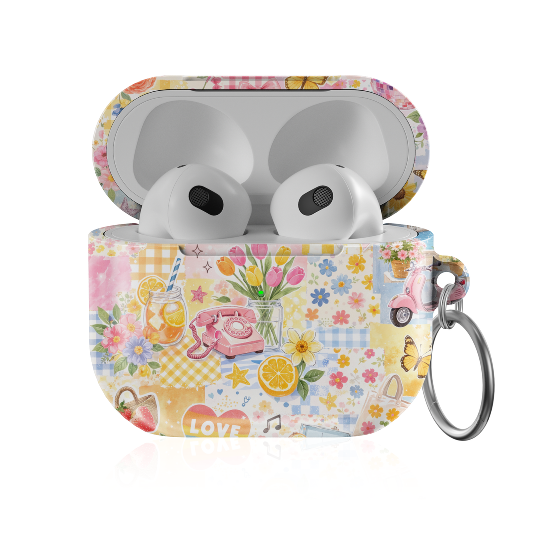 Lemon summer collage AirPods case with Amalfi coast aesthetic citrus and floral design protective AirPods cover with keychain compatible with AirPods Pro AirPods 3 and AirPods 4.