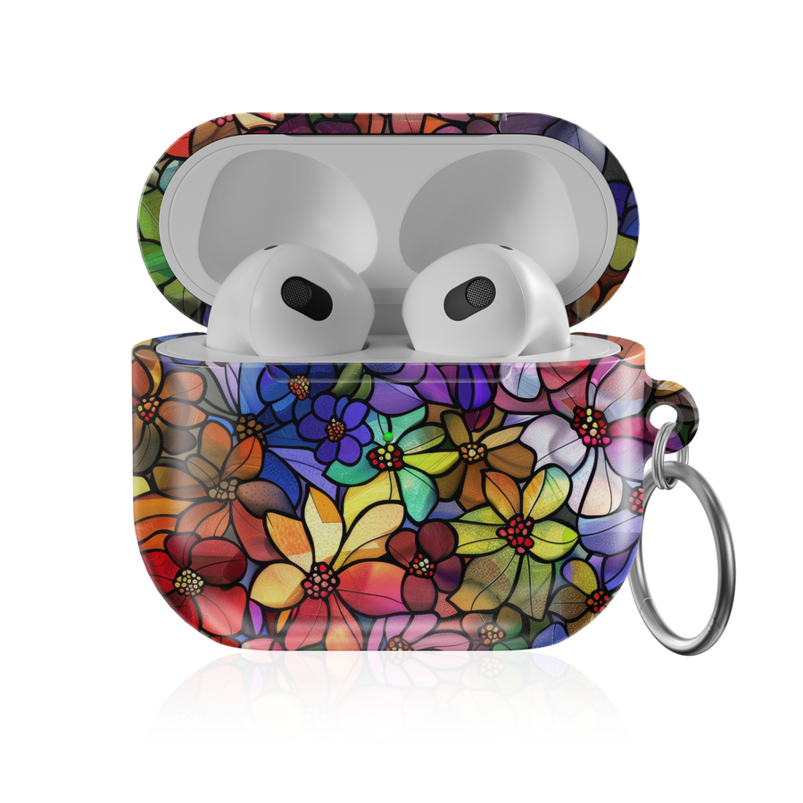 Colorful stained glass floral AirPods Pro case with glossy mosaic design and keyring, vibrant protective AirPods charging case cover