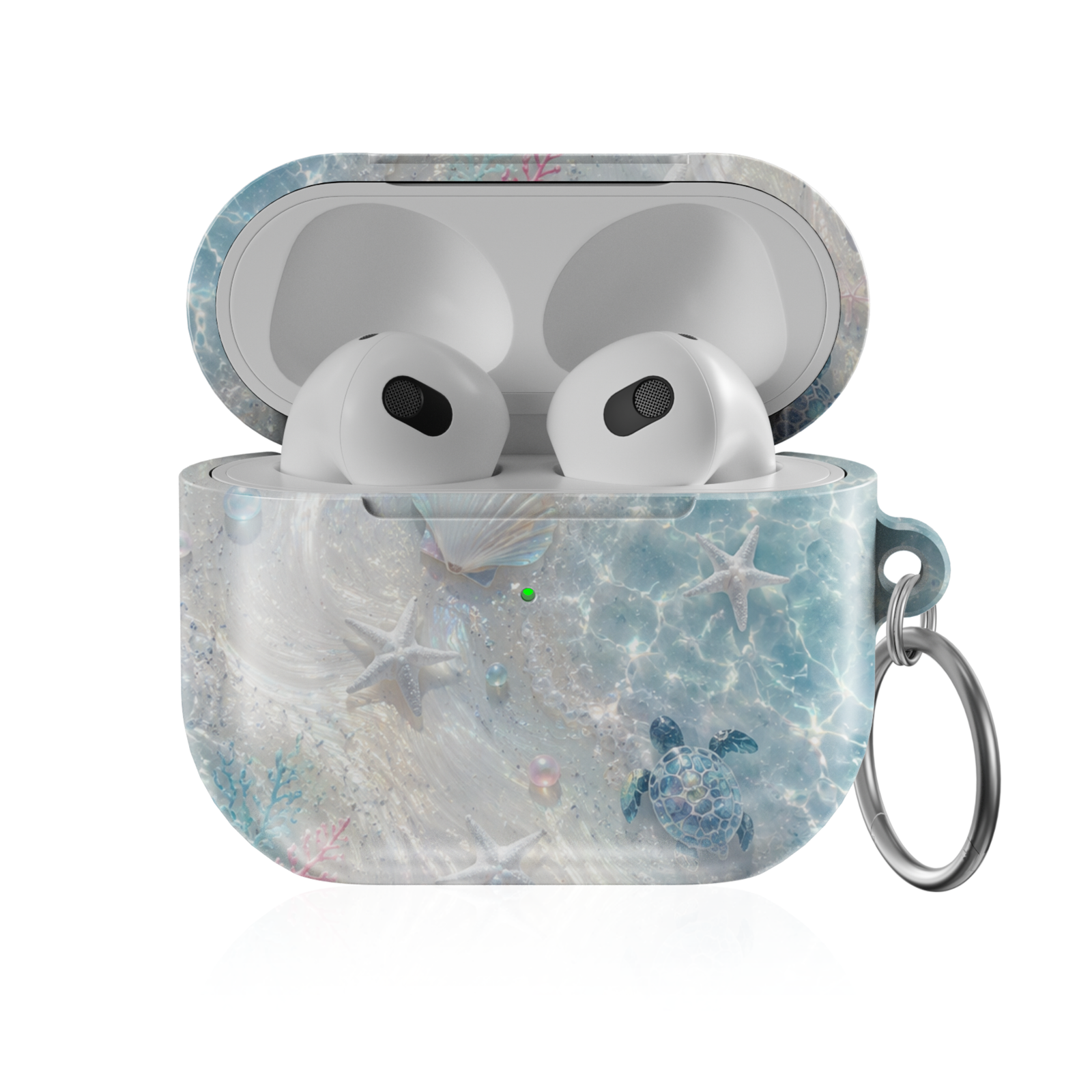 Pearl-inspired sea turtle AirPods case featuring turquoise ocean waves, starfish, seashells, coral accents, and coastal beach artwork.