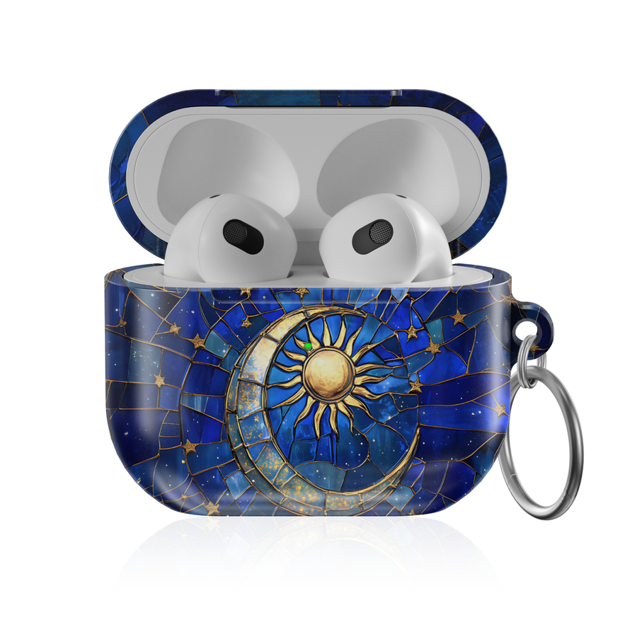 Celestial sun and moon stained glass AirPods Pro case in deep blue with gold accents, glossy protective AirPods charging case cover with keyring