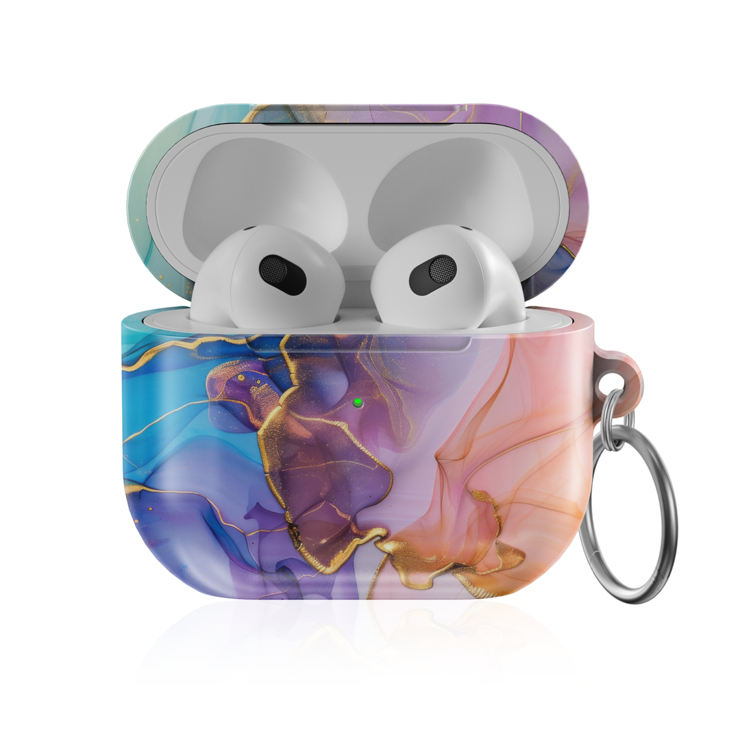 Abstract marble AirPods Pro case with blue, purple, and peach tones and gold accents, glossy protective AirPods charging case cover with keyring