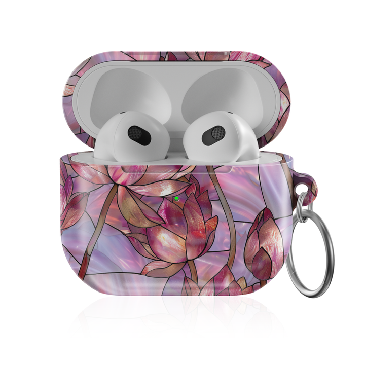 Pink stained glass floral AirPods Pro case with glossy finish and keyring, elegant mosaic AirPods charging case cover