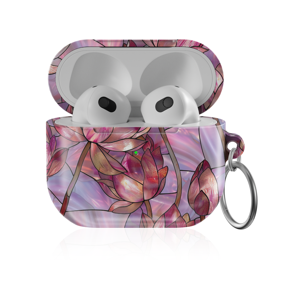 Pink stained glass floral AirPods Pro case with glossy finish and keyring, elegant mosaic AirPods charging case cover