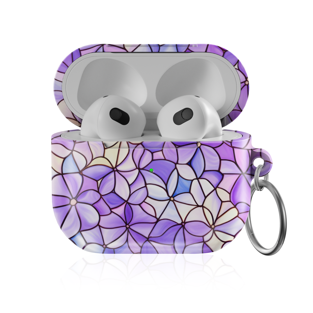 Purple stained glass floral AirPods Pro case with glossy mosaic design and keyring, protective AirPods charging case cover