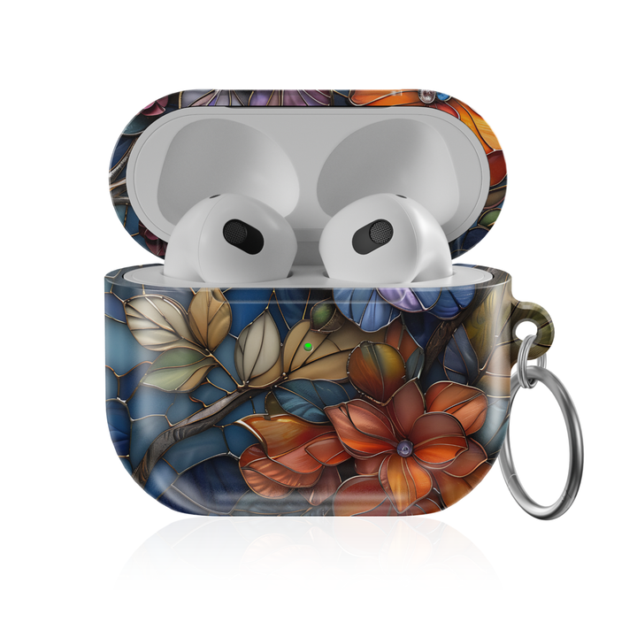 Stained glass floral AirPods Pro case in emerald green with pink flower design, glossy protective AirPods charging case cover with keyring