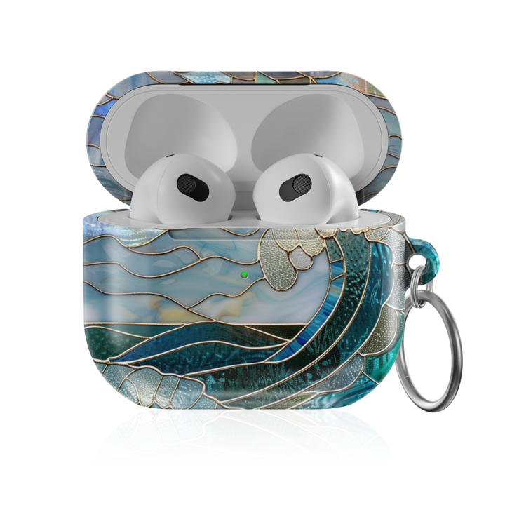Stained glass ocean AirPods Pro case with blue coastal mosaic design, glossy protective AirPods charging case cover with keyring