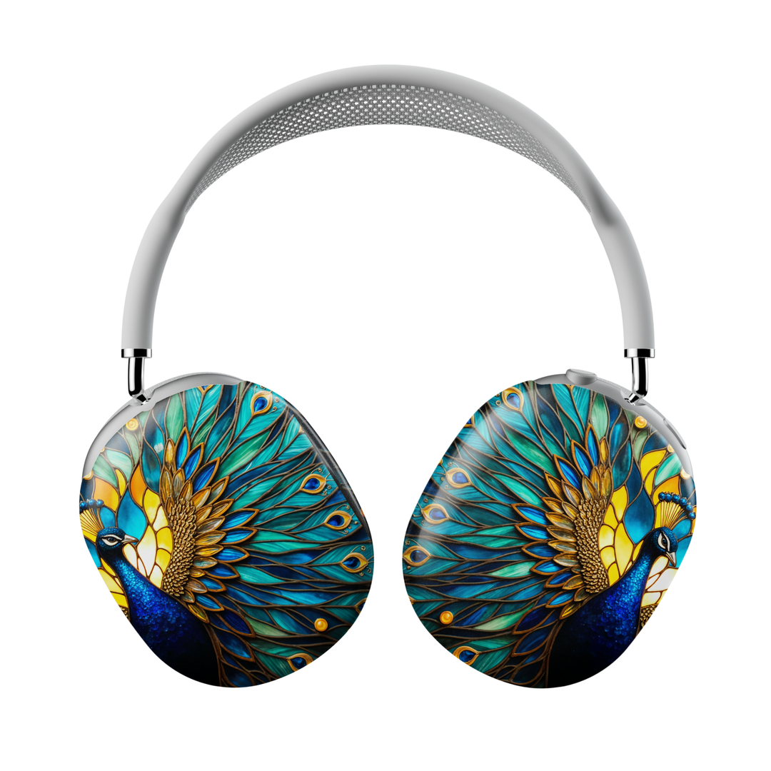 Stained glass peacock feather AirPods Max cover with blue teal mosaic design and gold accents
