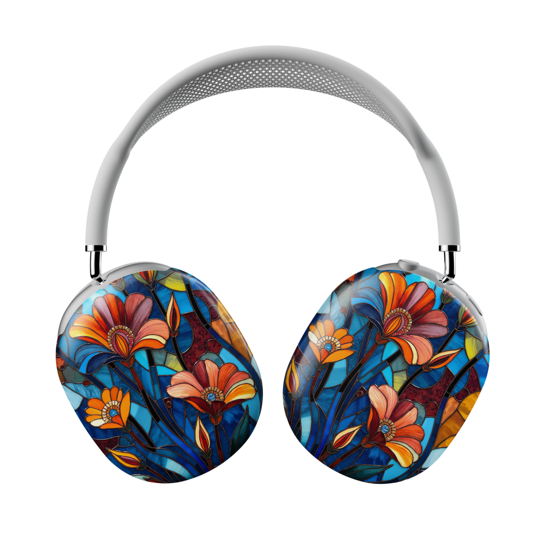 Stained glass floral AirPods Max cover with blue mosaic background and white flowers