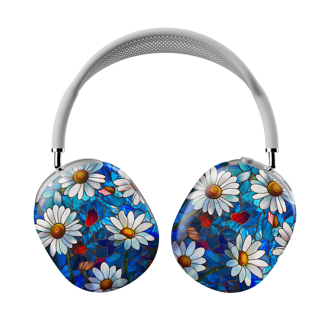 Stained glass daisy floral AirPods Max cover with blue mosaic background and white flowers