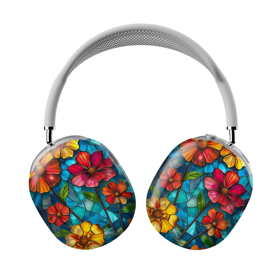 Stained glass floral mosaic AirPods Max cover with colorful flower artwork