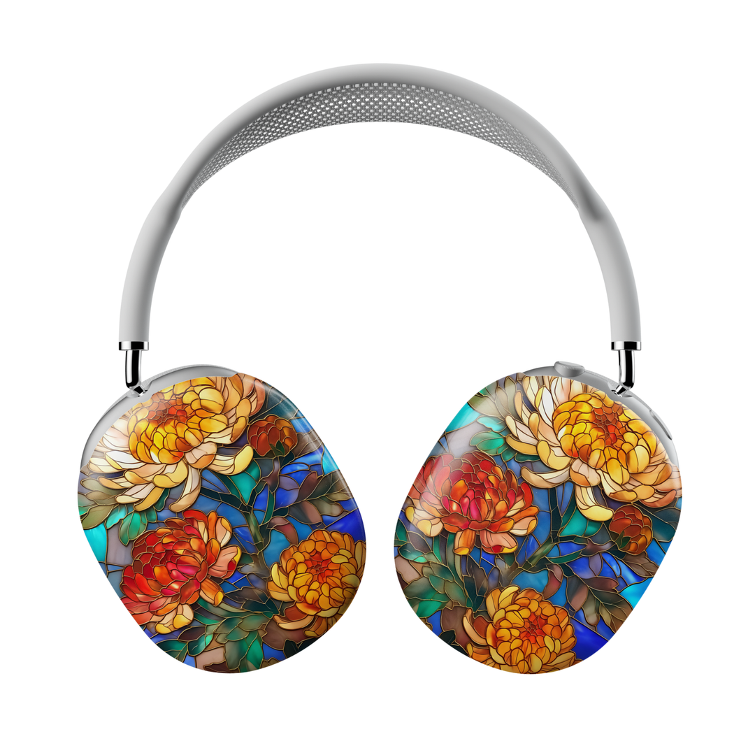 Stained glass floral mosaic AirPods Max cover with colorful flower artwork