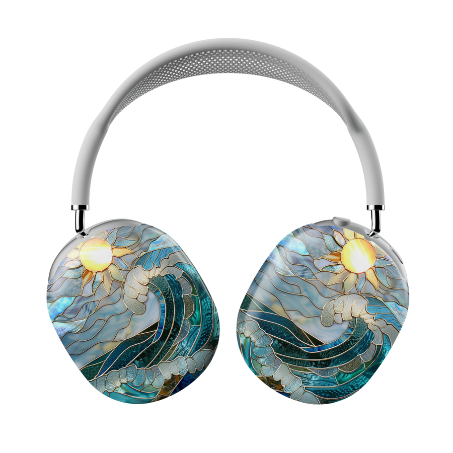 Stained glass ocean wave and sun mosaic AirPods Max cover with coastal artwork