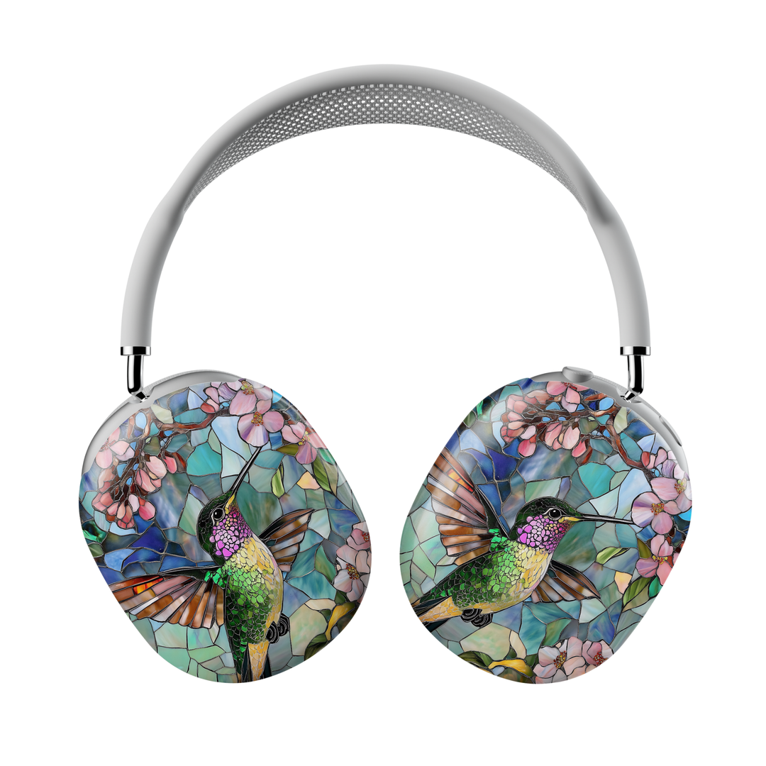 Stained glass hummingbird floral mosaic AirPods Max cover with botanical artwork