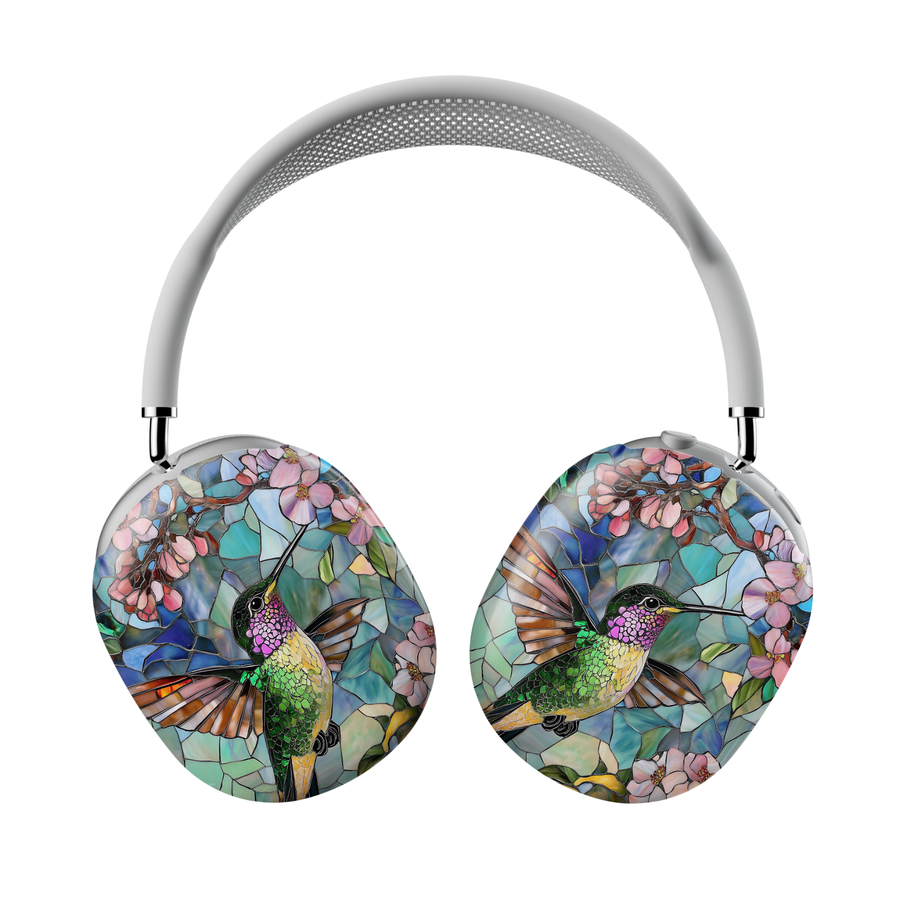 Stained glass hummingbird floral mosaic AirPods Max cover with botanical artwork