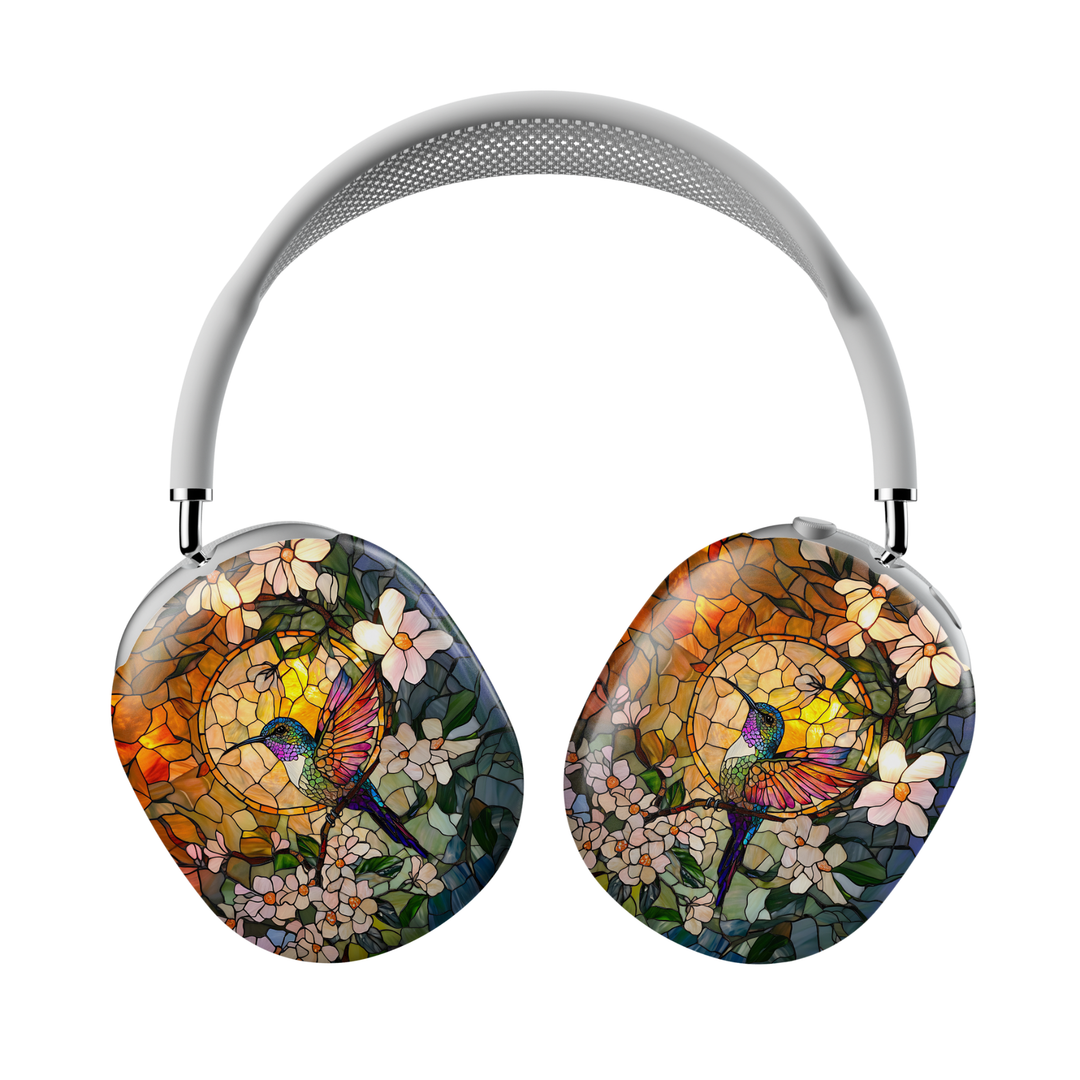 Green stained glass hummingbird floral AirPods Max cover with botanical mosaic design