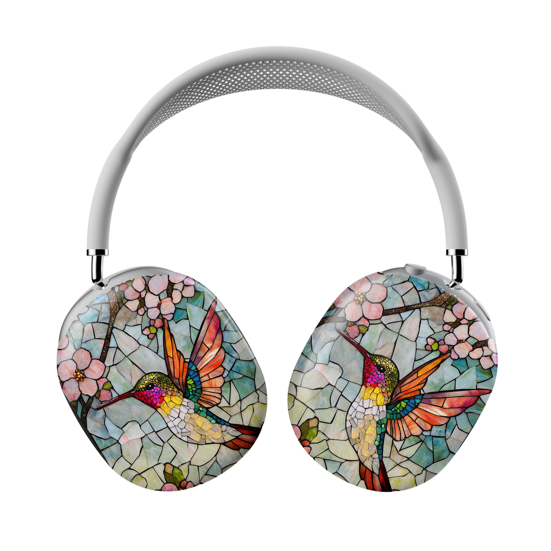 Green stained glass hummingbird floral AirPods Max cover with botanical mosaic design