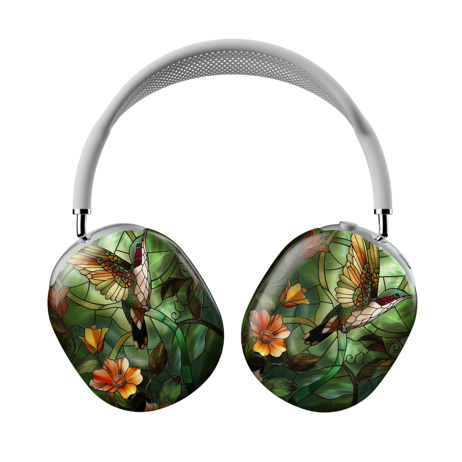 Green stained glass hummingbird floral AirPods Max cover with botanical mosaic design