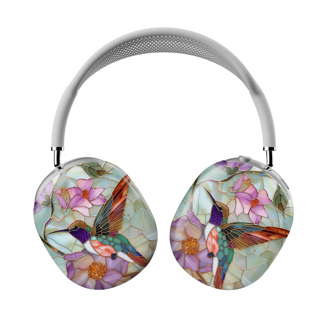 AirPods Max cover with pastel stained glass hummingbird and floral mosaic design in soft pink, green, and gold tones