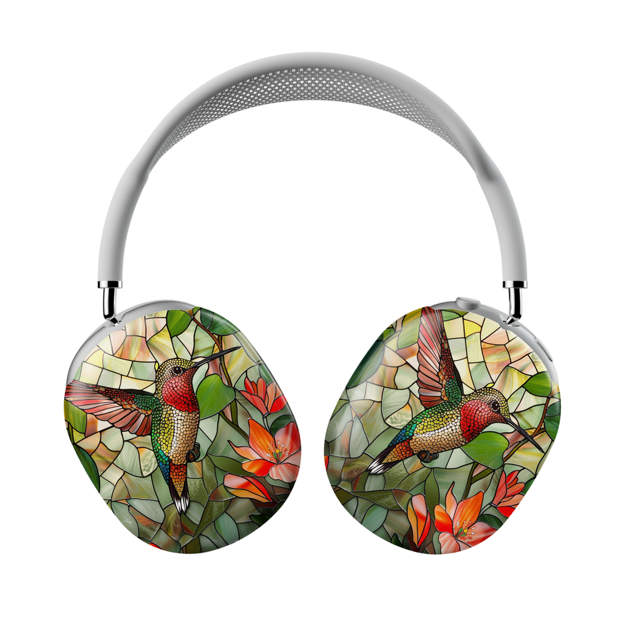 AirPods Max cover with stained glass floral mosaic design featuring red roses, white flowers, blue accents, and green leaves