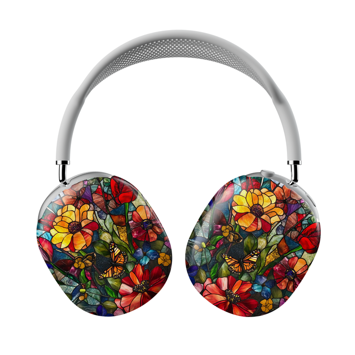 AirPods Max cover with stained glass floral mosaic design featuring red roses, white flowers, blue accents, and green leaves