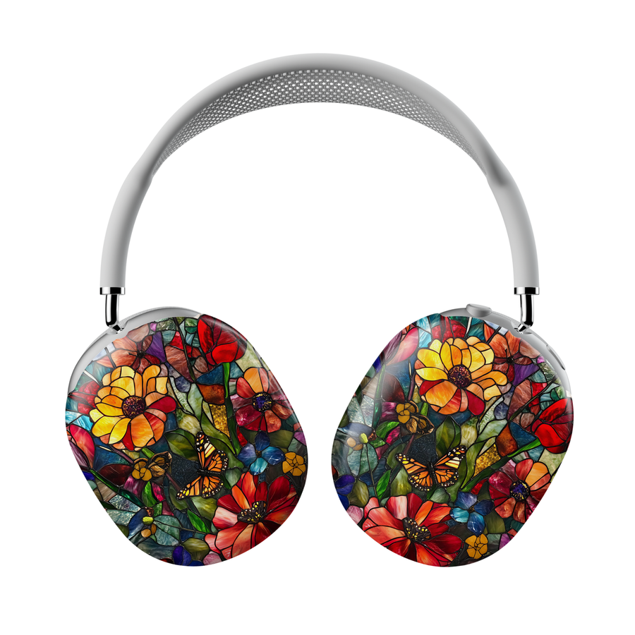 AirPods Max cover with stained glass floral mosaic design featuring red roses, white flowers, blue accents, and green leaves