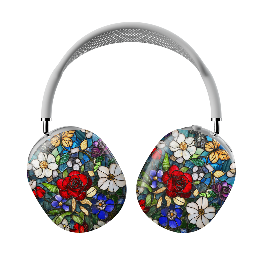 AirPods Max cover with stained glass floral mosaic design featuring red roses, white flowers, blue accents, and green leaves