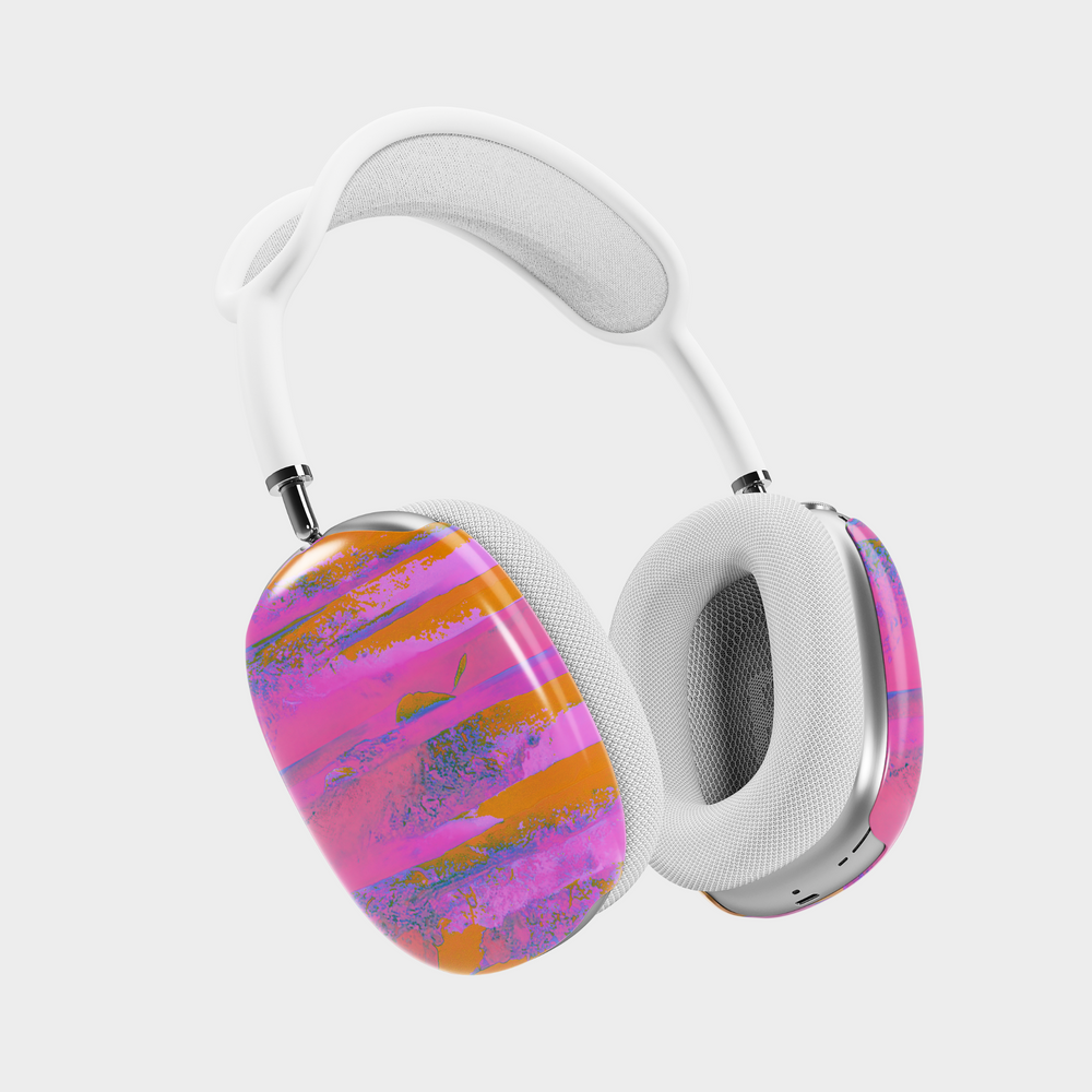 AirPods Max cover with abstract brushstroke design in neon pink, orange, and purple – artistic and edgy headphone skin.