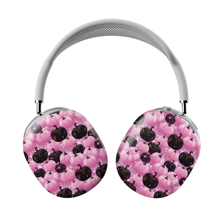AirPods Max cover with enchanted pumpkins and golden butterflies on a black background, protective fall headphone case.