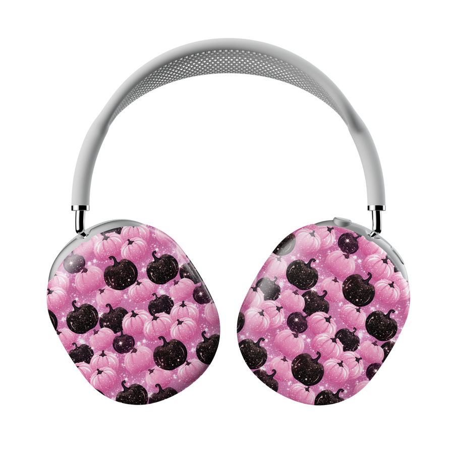 AirPods Max cover with enchanted pumpkins and golden butterflies on a black background, protective fall headphone case.