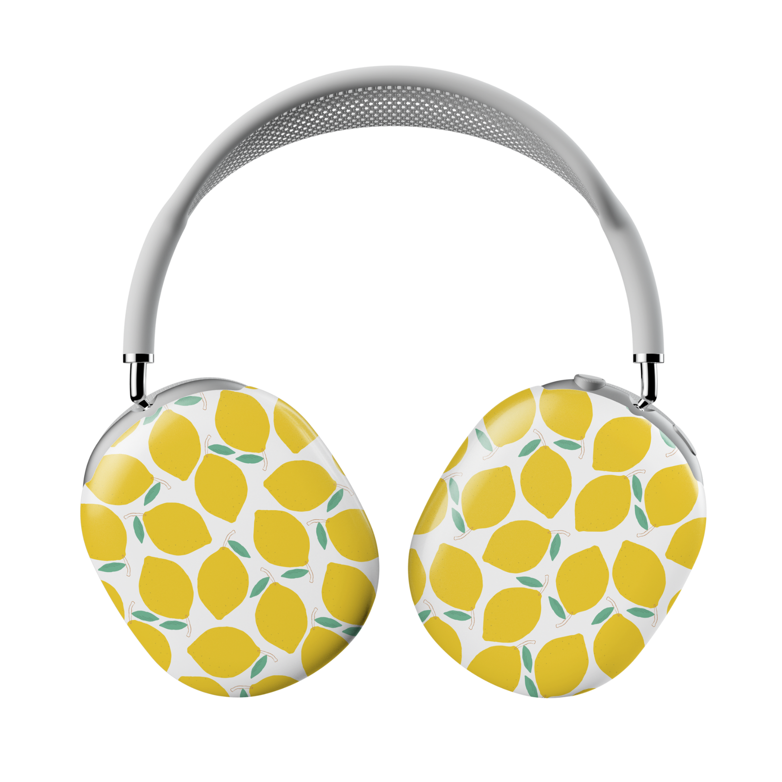 Glossy lemon-themed AirPods Max case cover with yellow lemons and green leaves on white background – summer fruit headphone shell for Apple AirPods Max