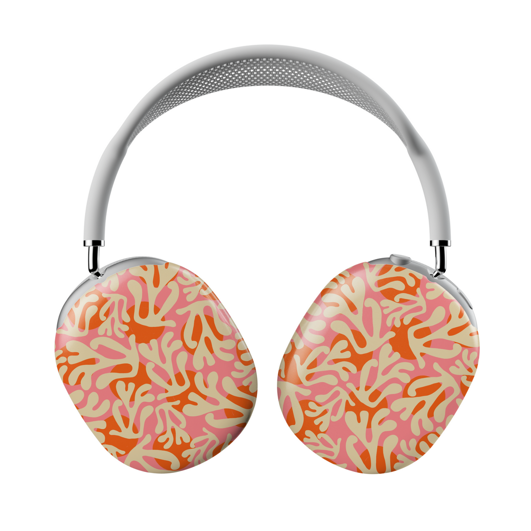 AirPods Max cover with tropical coral reef pattern in pink, orange, and cream – ocean-inspired aesthetic headphone wrap.