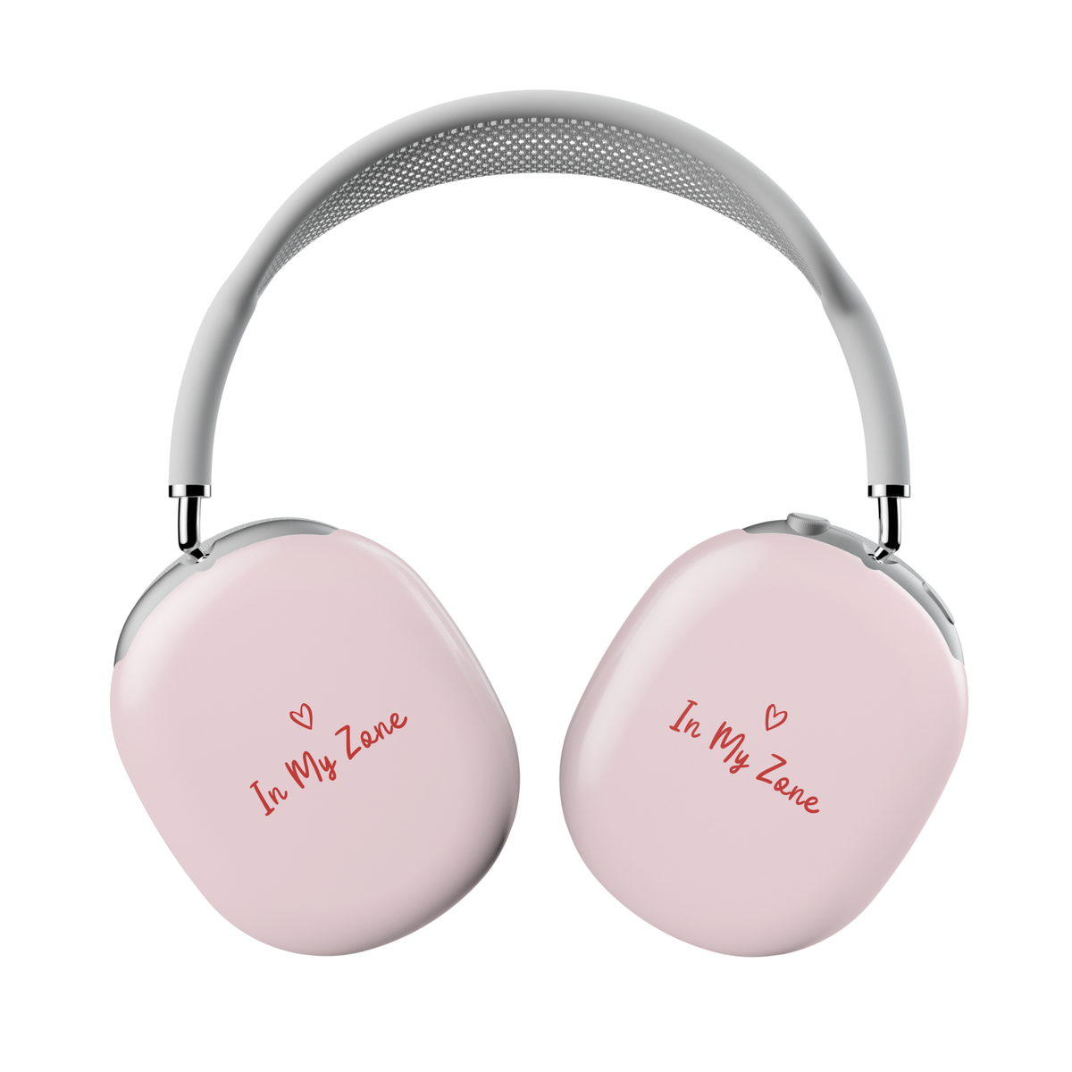 Glossy light pink AirPods Max cover wrap with red handwritten quote “In My Zone” and heart symbol – aesthetic headphone skin for girls