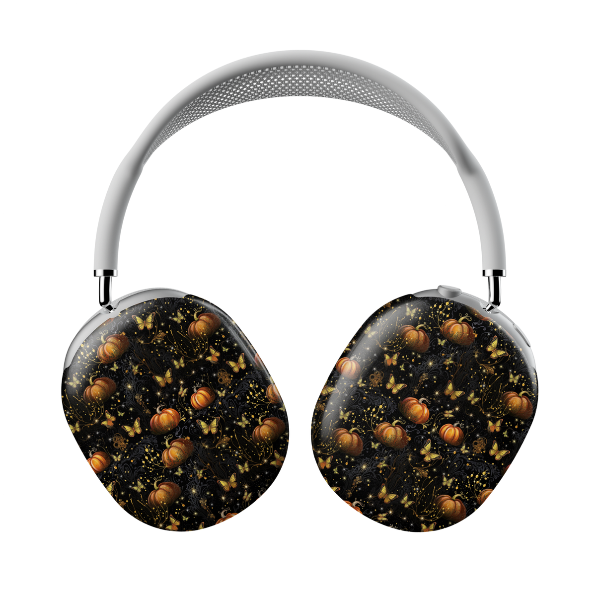 AirPods Max cover with enchanted pumpkins and golden butterflies on a black background, protective fall headphone case