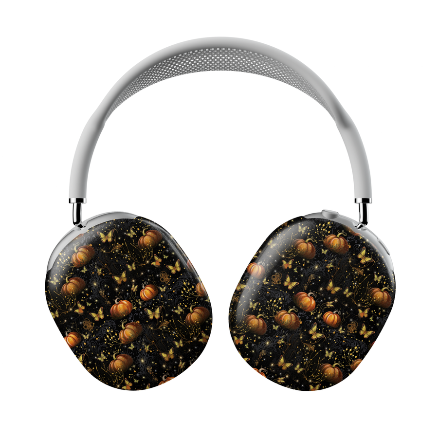 AirPods Max cover with enchanted pumpkins and golden butterflies on a black background, protective fall headphone case