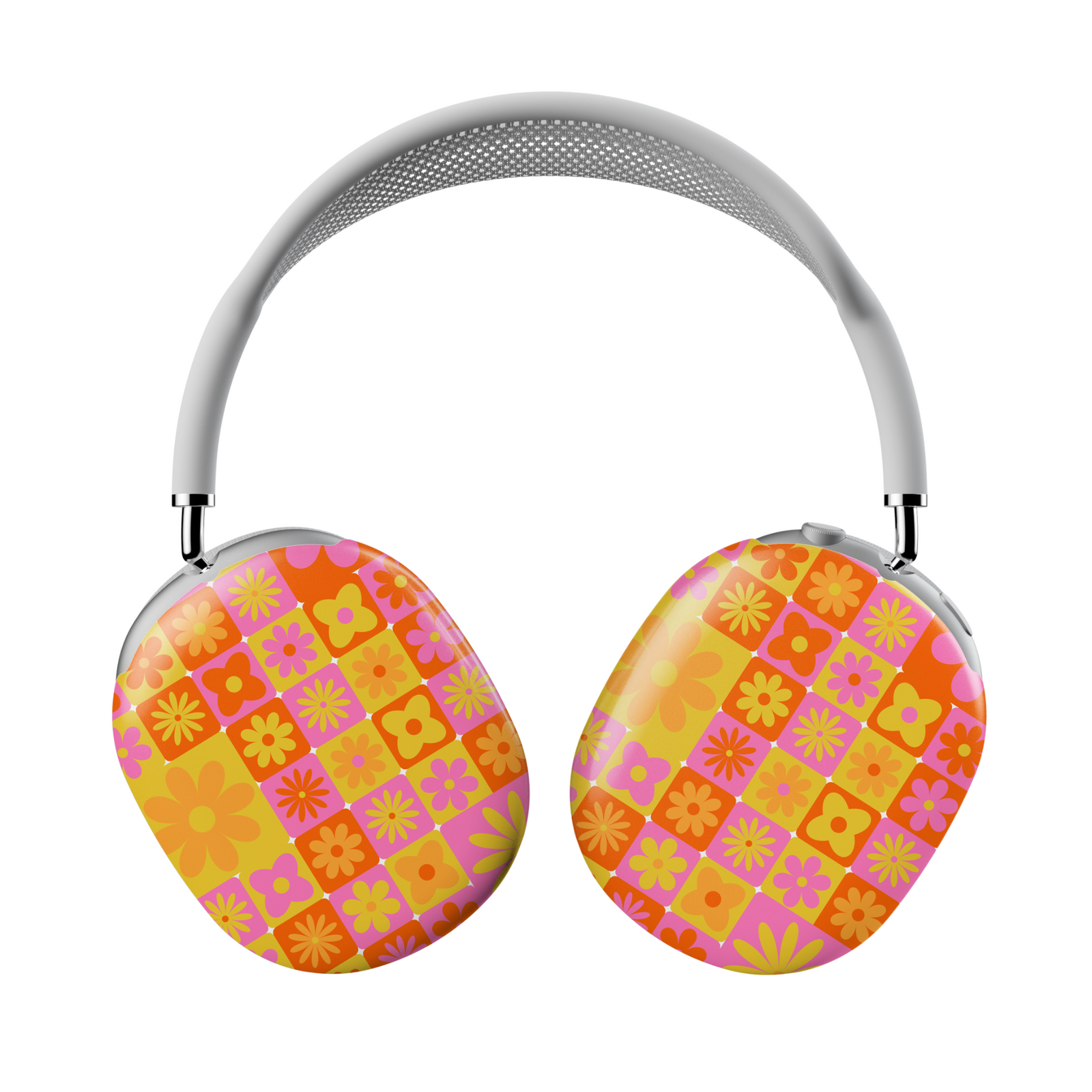 AirPods Max cover with colorful retro floral checker pattern in orange, pink, and yellow – groovy 70s-inspired design.